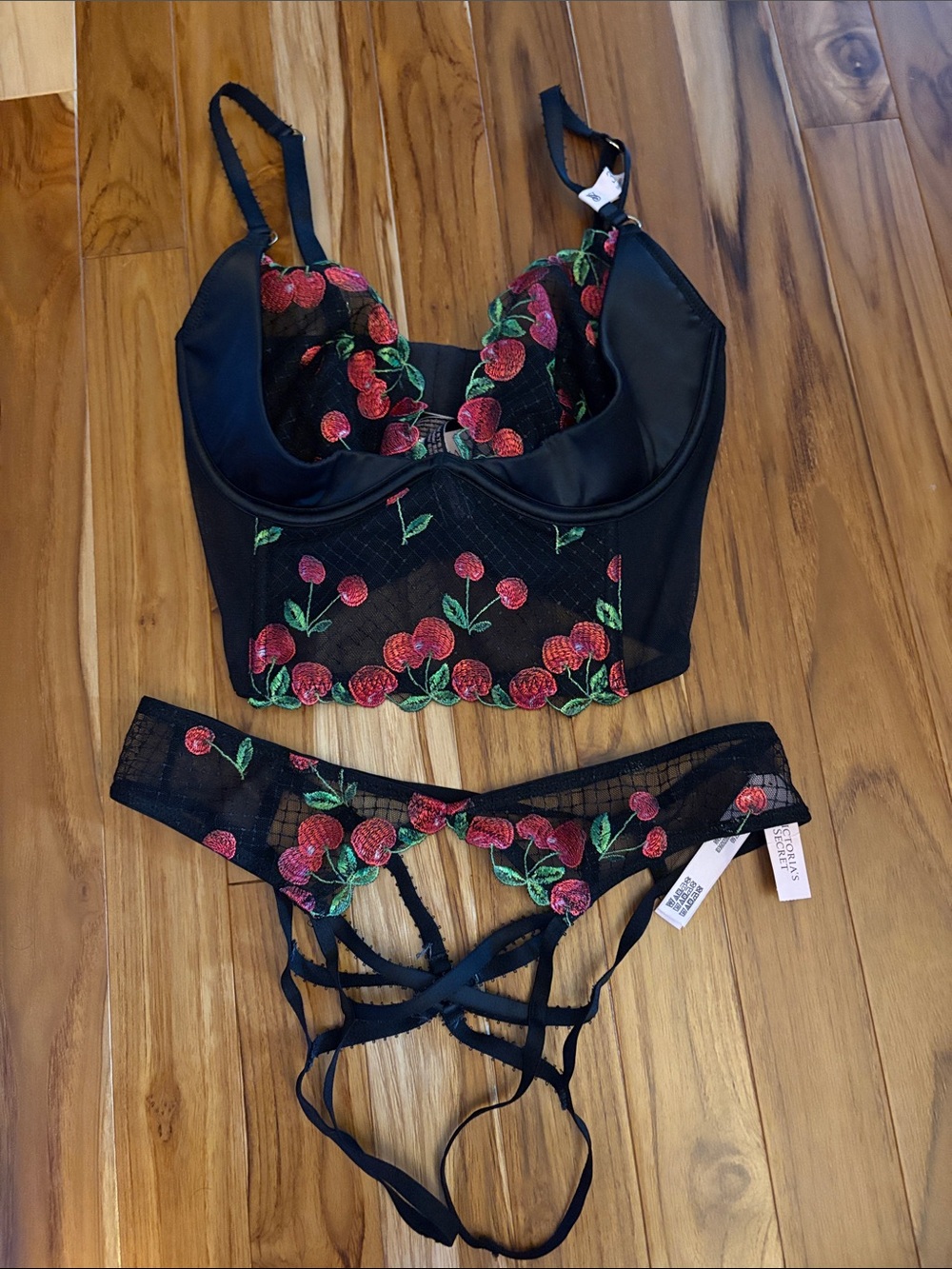 Victoria's Secret Black Cherry-Embroidered Longline lingerie Set